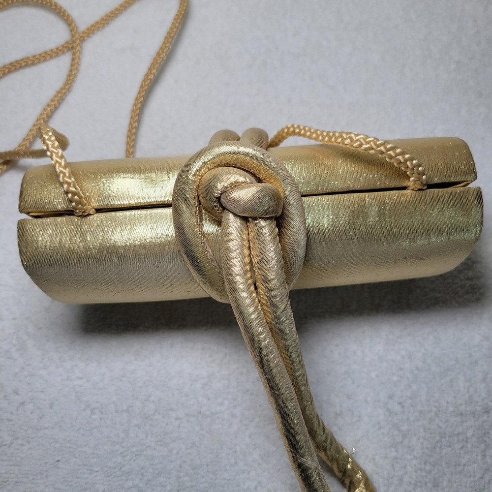 Vintage Gold Metallic Knot Evening Clutch Braided Strap Shoulder Bag Formal